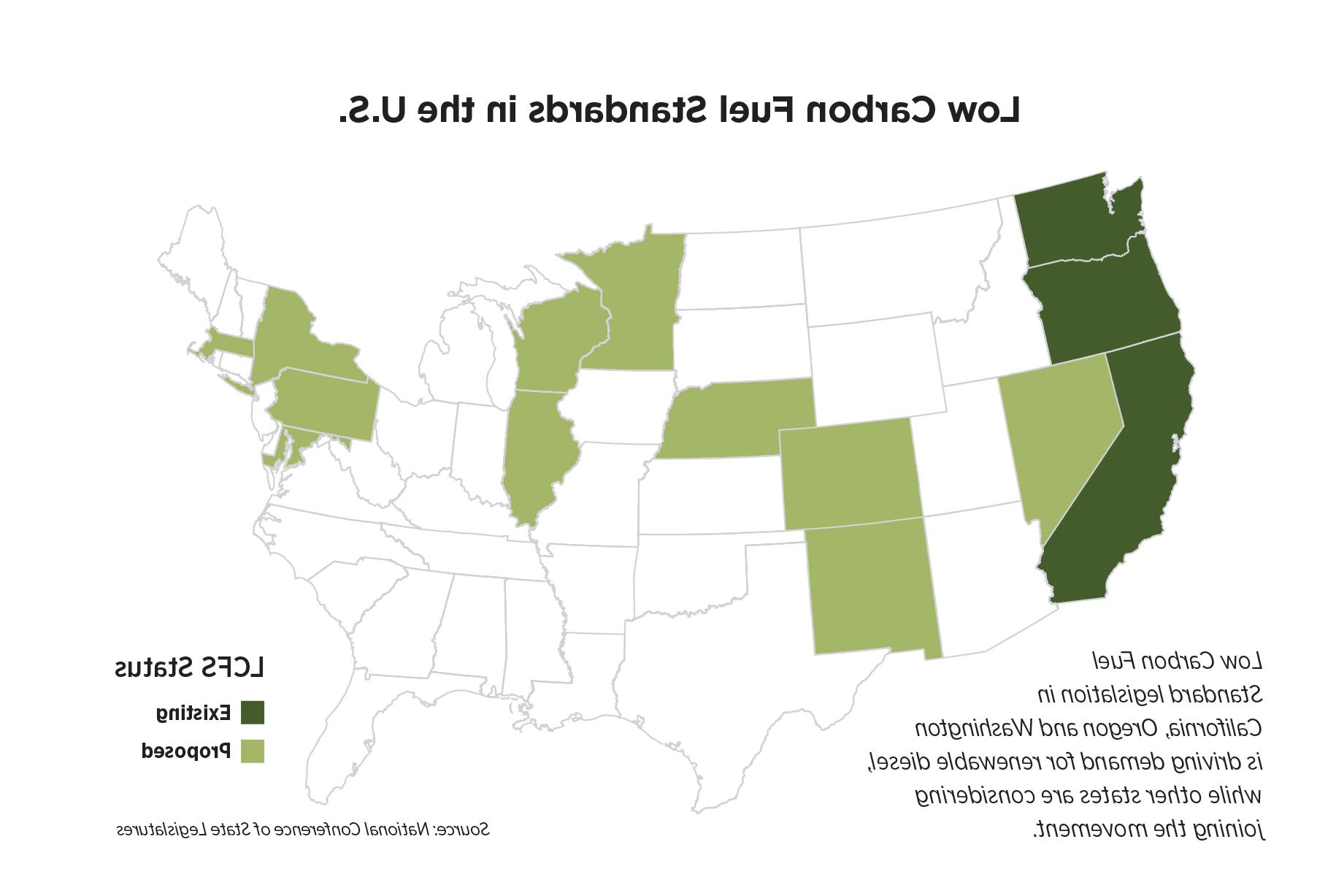 美国地图显示各州现有和拟议的低碳燃料标准